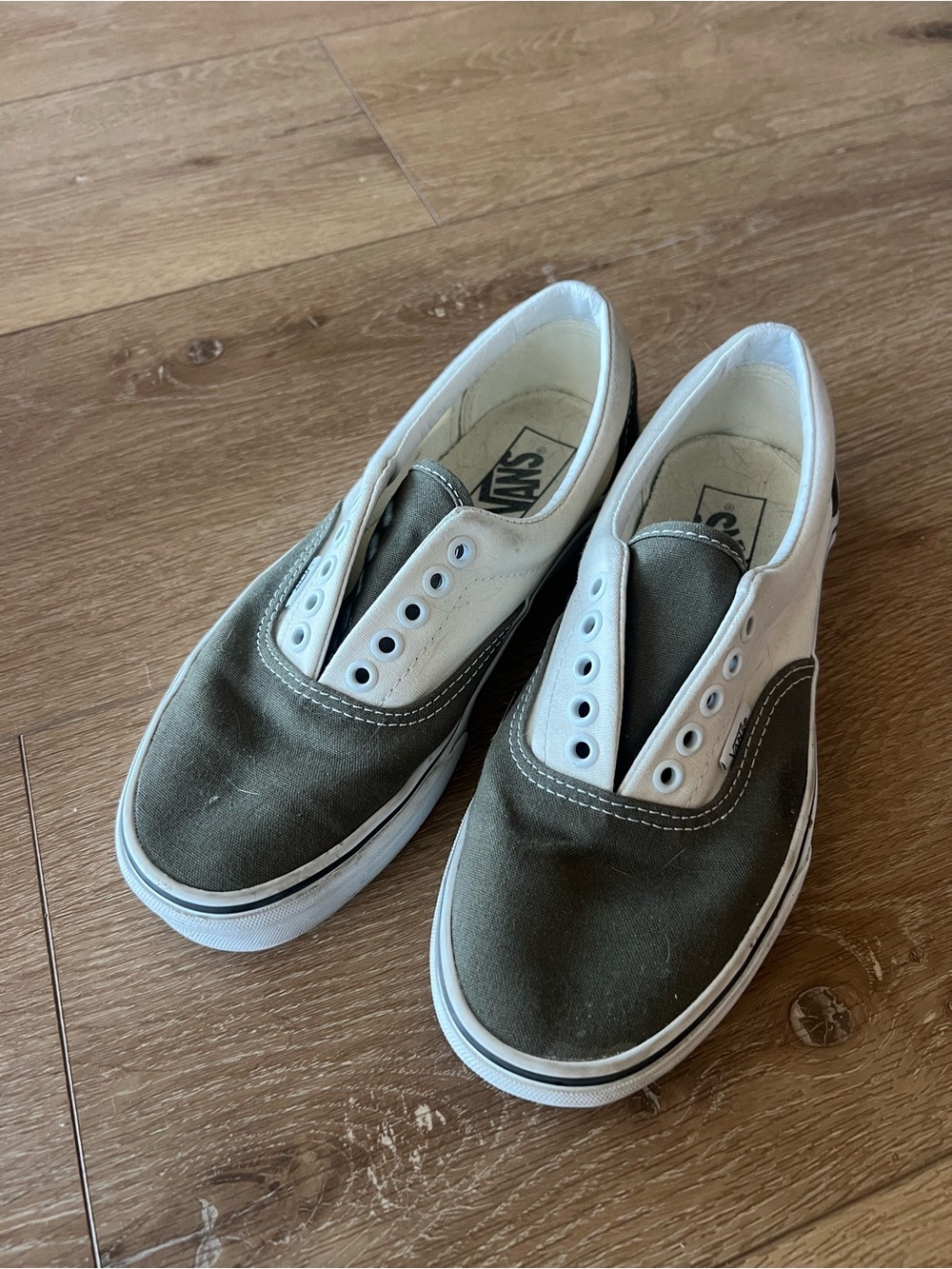 Vans Two-Tone Slip-On Canvas Sneakers in Olive Green & White